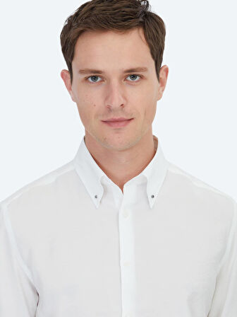 Beyaz Regular Fit Dokuma Casual Gömlek