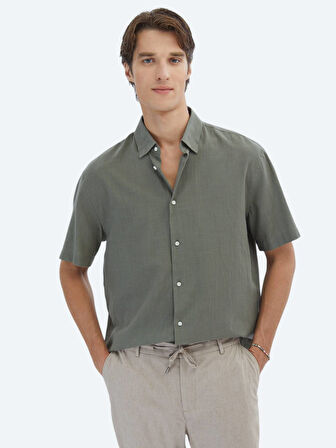 Haki Oversize Fit Dokuma Casual %100 Pamuk Gömlek