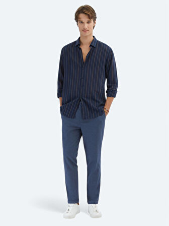 Lacivert Çizgili Regular Fit Dokuma Casual Pamuk Karışımlı Gömlek
