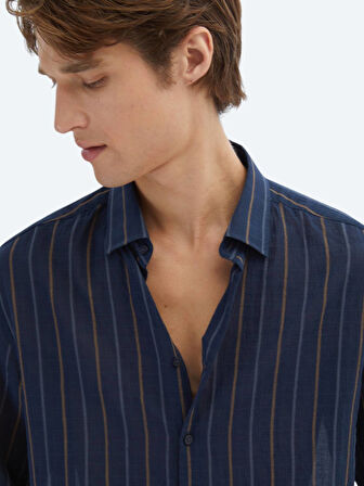 Lacivert Çizgili Regular Fit Dokuma Casual Pamuk Karışımlı Gömlek