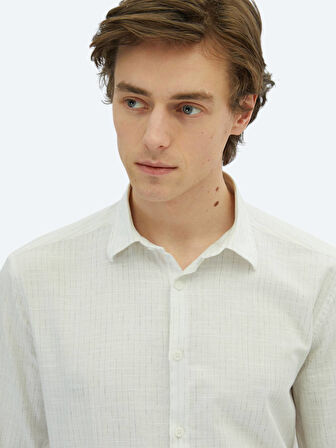 Haki Çizgili Regular Fit Dokuma Casual %100 Pamuk Gömlek