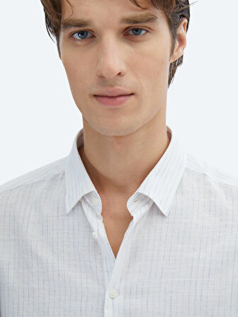 Mavi Çizgili Regular Fit Dokuma Casual %100 Pamuk Gömlek