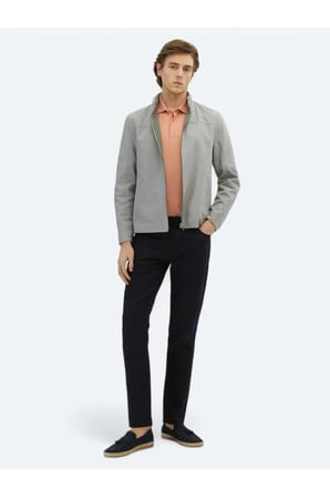 Gri Regular Fit Gizli Kapüşon Casual Dokuma Çift Taraflı Mont