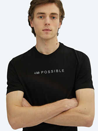 Siyah Baskılı Bisiklet Yaka %100 Pamuk T-Shirt