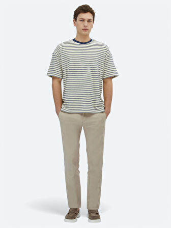 Ekru Çizgili Bisiklet Yaka %100 Pamuk T-Shirt