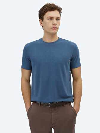 İndigo Düz Bisiklet Yaka T-Shirt