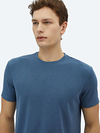 İndigo Düz Bisiklet Yaka T-Shirt