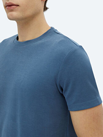İndigo Düz Bisiklet Yaka T-Shirt