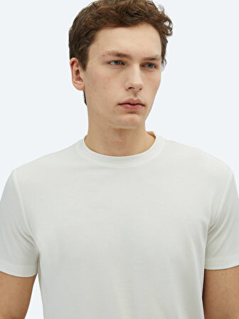Ekru Düz Bisiklet Yaka T-Shirt
