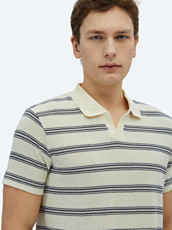 Lacivert Çizgili Polo Yaka Pamuk Karışımlı T-Shirt