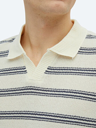 Lacivert Çizgili Polo Yaka Pamuk Karışımlı T-Shirt