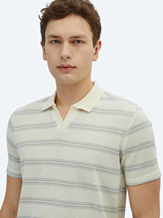 Gri Çizgili Polo Yaka Pamuk Karışımlı T-Shirt
