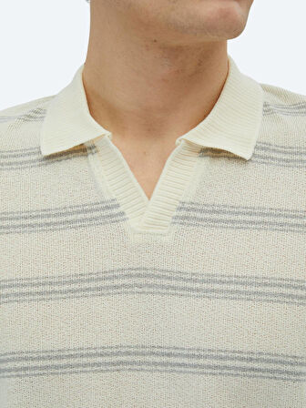 Gri Çizgili Polo Yaka Pamuk Karışımlı T-Shirt