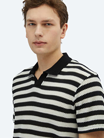Siyah Çizgili Polo Yaka Pamuk Karışımlı T-Shirt