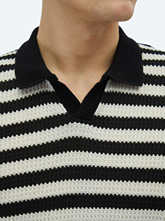 Siyah Çizgili Polo Yaka Pamuk Karışımlı T-Shirt