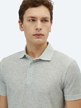 Açık Haki Baskılı Polo Yaka Pamuk Karışımlı T-Shirt