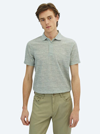 Açık Haki Baskılı Polo Yaka Pamuk Karışımlı T-Shirt