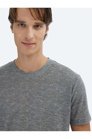 Lacivert Baskılı Bisiklet Yaka Pamuk Karışımlı T-Shirt