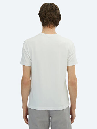 Beyaz Bisiklet Yaka Pamuk Karışımlı T-Shirt
