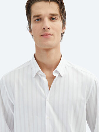 Açık Bej Çizgili Regular Fit Casual Pamuk Karışımlı Gömlek