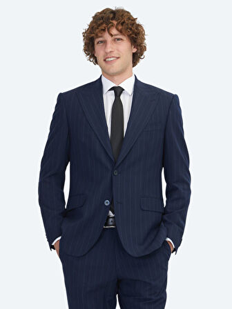 Lacivert Çizgili Modern Fit Yün Karışımlı Takım Elbise