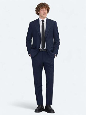 Lacivert Çizgili Modern Fit Yün Karışımlı Takım Elbise