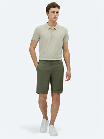 Haki Düz Dokuma Slim Fit Casual Pamuk Karışımlı Bermuda