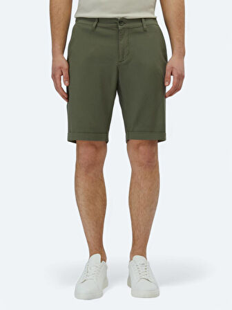 Haki Düz Dokuma Slim Fit Casual Pamuk Karışımlı Bermuda