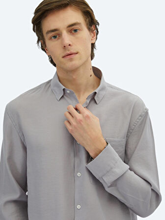 Lila Düz Oversize Fit Dokuma Casual Gömlek