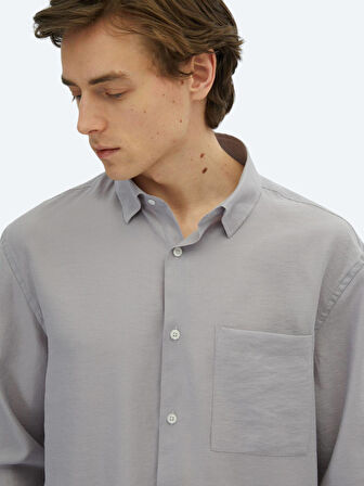 Lila Düz Oversize Fit Dokuma Casual Gömlek