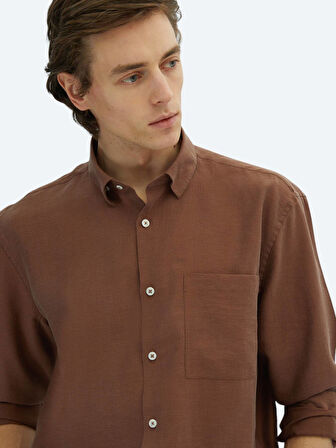 Kahverengi Düz Oversize Fit Dokuma Casual Gömlek