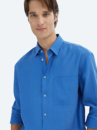 Saks Düz Oversize Fit Dokuma Casual Gömlek