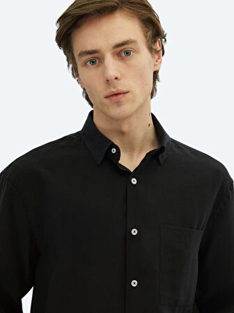 Siyah Düz Oversize Fit Dokuma Casual Gömlek