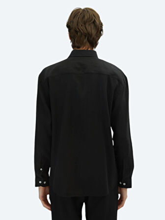 Siyah Düz Oversize Fit Dokuma Casual Gömlek