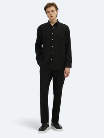 Siyah Düz Oversize Fit Uzun Dokuma Casual Gömlek