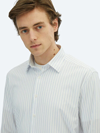 Mavi Çizgili Regular Fit Casual Pamuk Karışımlı Gömlek
