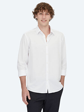 Beyaz Çizgili Regular Fit Casual Pamuk Karışımlı Gömlek