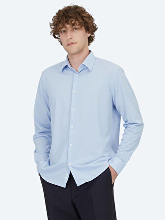 Açık Mavi Çizgili Regular Fit Casual Pamuk Karışımlı Gömlek