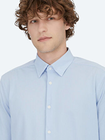 Açık Mavi Çizgili Regular Fit Casual Pamuk Karışımlı Gömlek