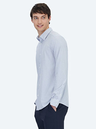 Mavi Çizgili Regular Fit Casual Pamuk Karışımlı Gömlek