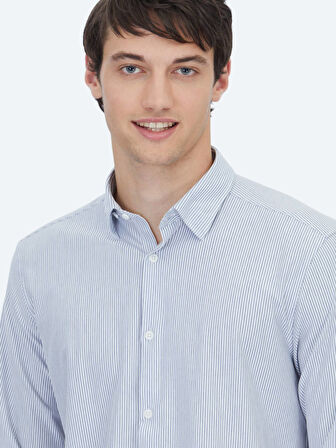Mavi Çizgili Regular Fit Casual Pamuk Karışımlı Gömlek