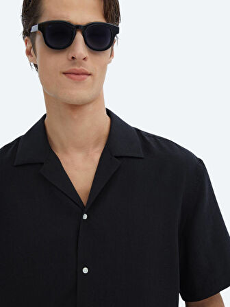 Siyah Düz Oversize Fit Dokuma Casual Gömlek