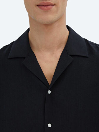 Siyah Düz Oversize Fit Dokuma Casual Gömlek