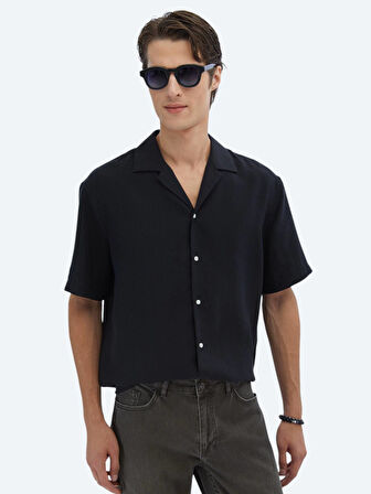 Siyah Düz Oversize Fit Dokuma Casual Gömlek