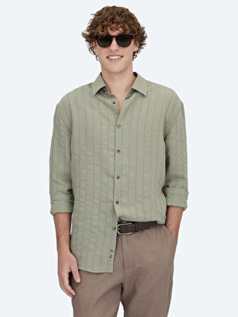 Haki Oversize Fit Dokuma Casual Gömlek