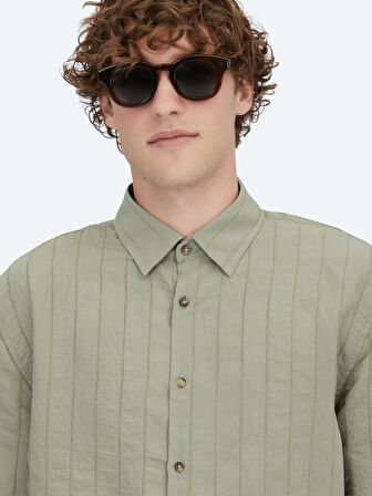 Haki Oversize Fit Dokuma Casual Gömlek