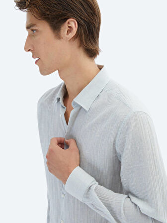 Mavi Çizgili Regular Fit Dokuma Casual Pamuk Karışımlı Gömlek