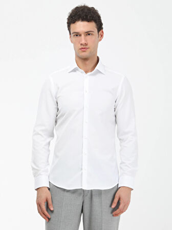 Beyaz Düz Slim Fit Dokuma Klasik Pamuk Karışımlı Gömlek