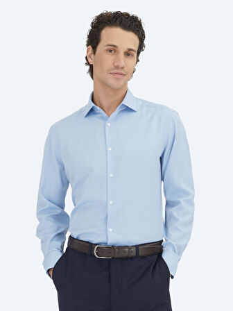 Mavi Düz Regular Fit Dokuma Klasik Pamuk Karışımlı Gömlek