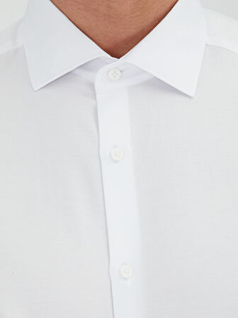 Beyaz Düz Regular Fit Dokuma Klasik Pamuk Karışımlı Gömlek